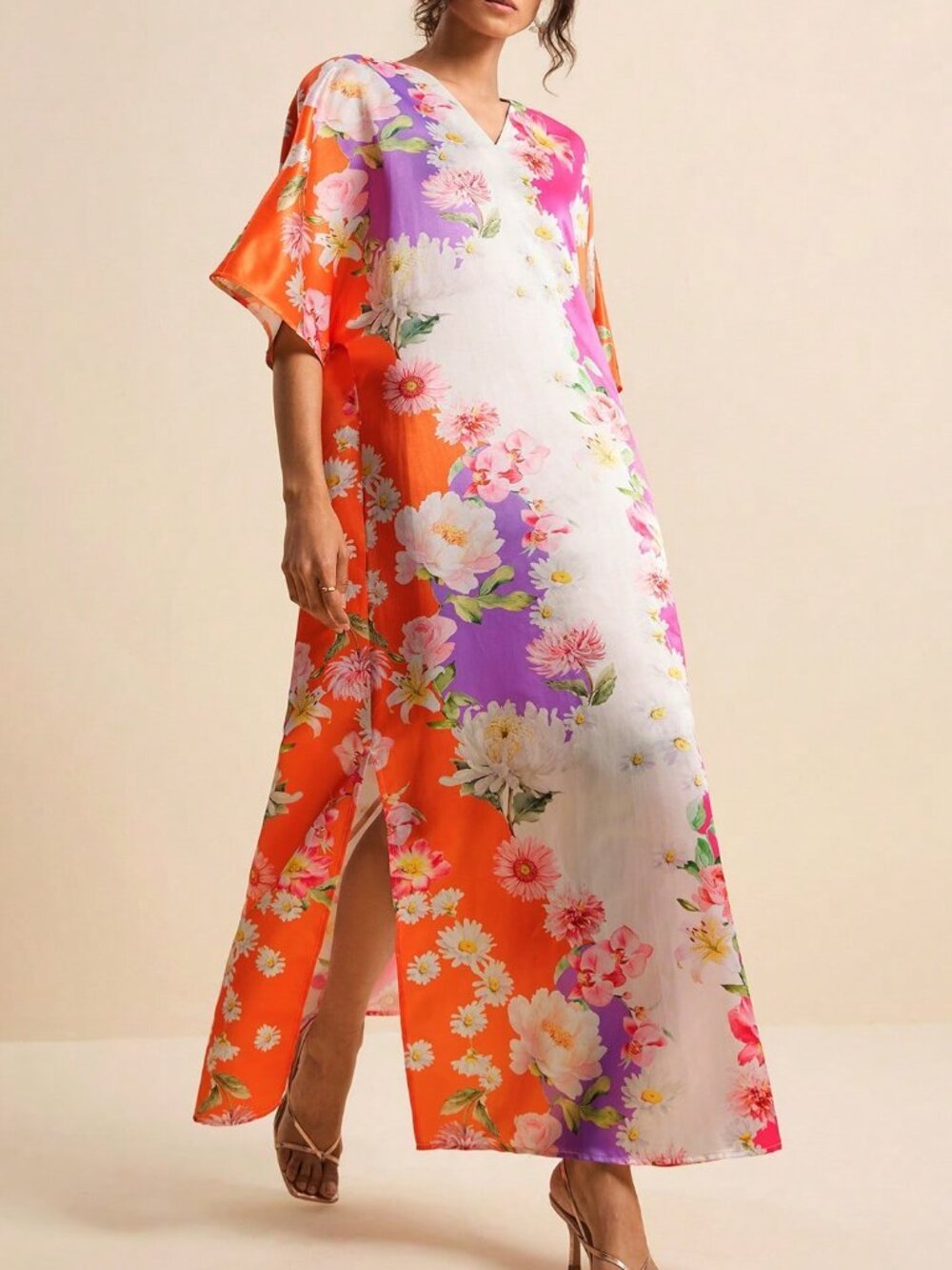 Multicolor Boho Tropical Floral Women's V-Neck Short Sleeve Printed Dress - Picture 3 of 8